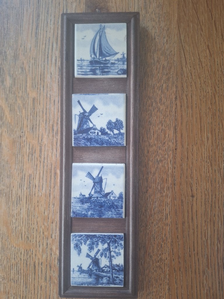 Antieke Delfts Blauwe Tegeltableau met Molens en Schip, Ophalen of Verzenden