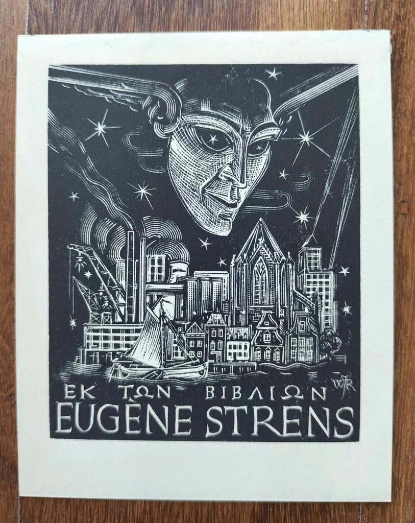 Exlibris Eugène Strens (W.J. Rozendaal, 1930) (stadsgezicht), Antiek en Kunst, Kunst | Etsen en Gravures, Stadsgezicht, Origineel