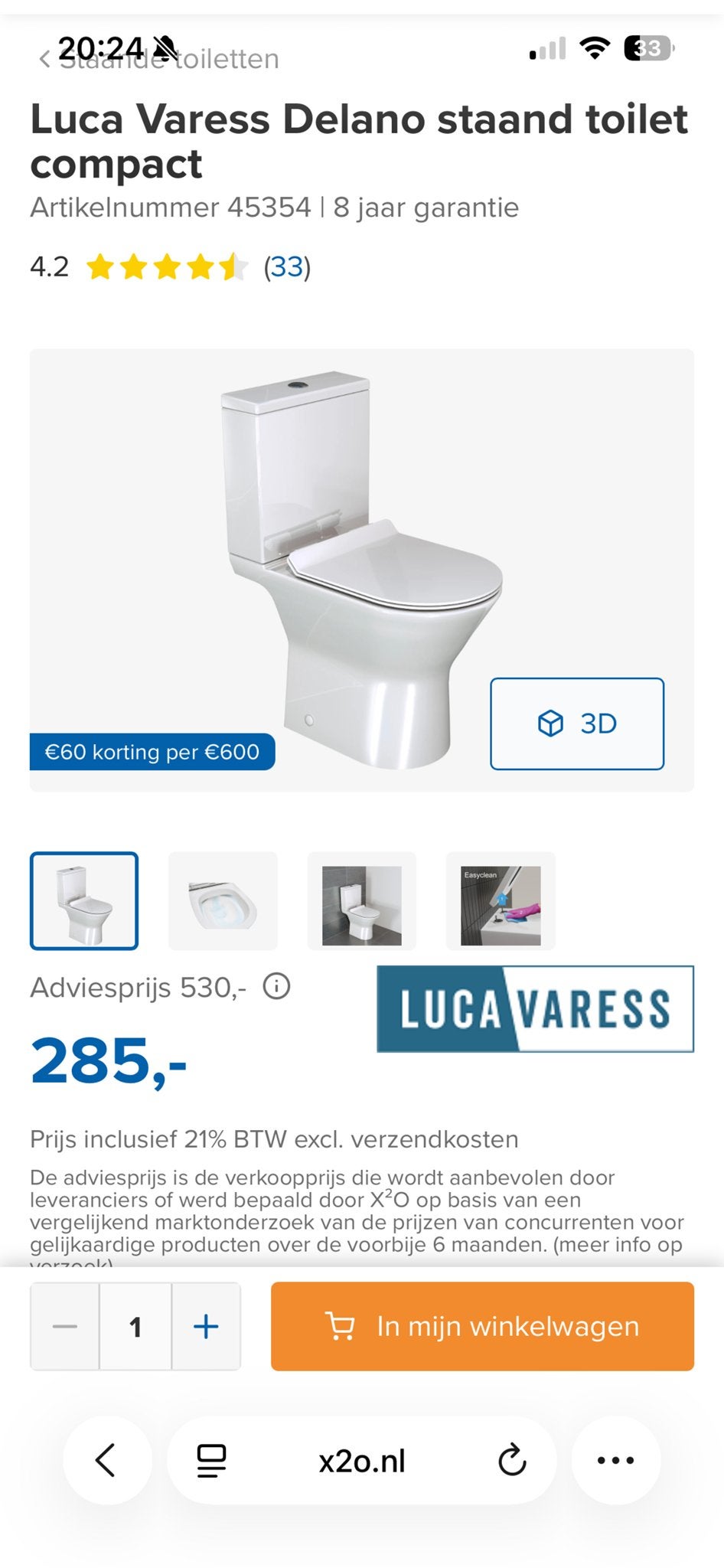 Luca Varess Delano staand toilet compact - Nieuw, Doe-het-zelf en Verbouw, Sanitair, Ophalen of Verzenden, Nieuw, Toilet