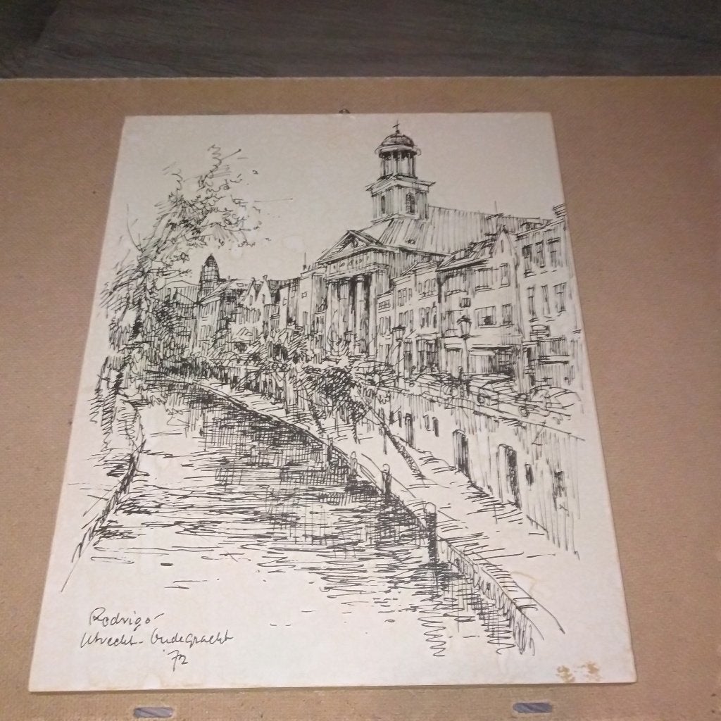 Pentekening Oudegracht Utrecht 1972 - Jan Rodrigo, Ophalen, Architectuur, Overige technieken, 1950 - 1999