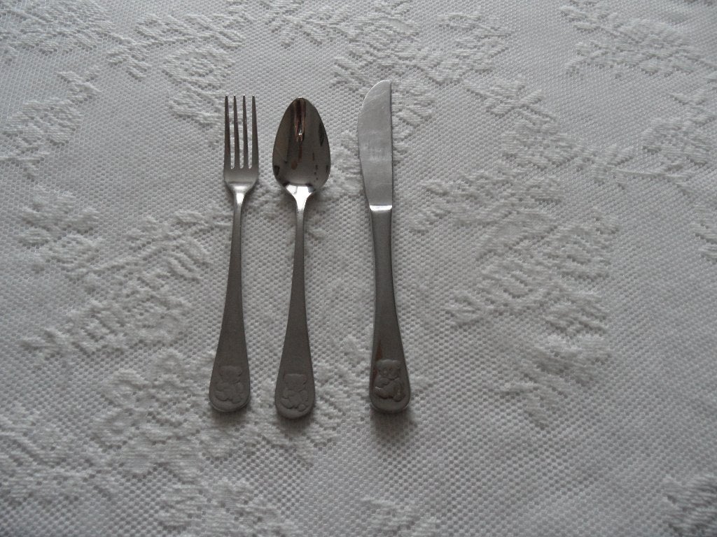 keltum 18-10 kinderbesteksetje met een beertje, Ophalen of Verzenden, Gebruikt, Rvs of Chroom
