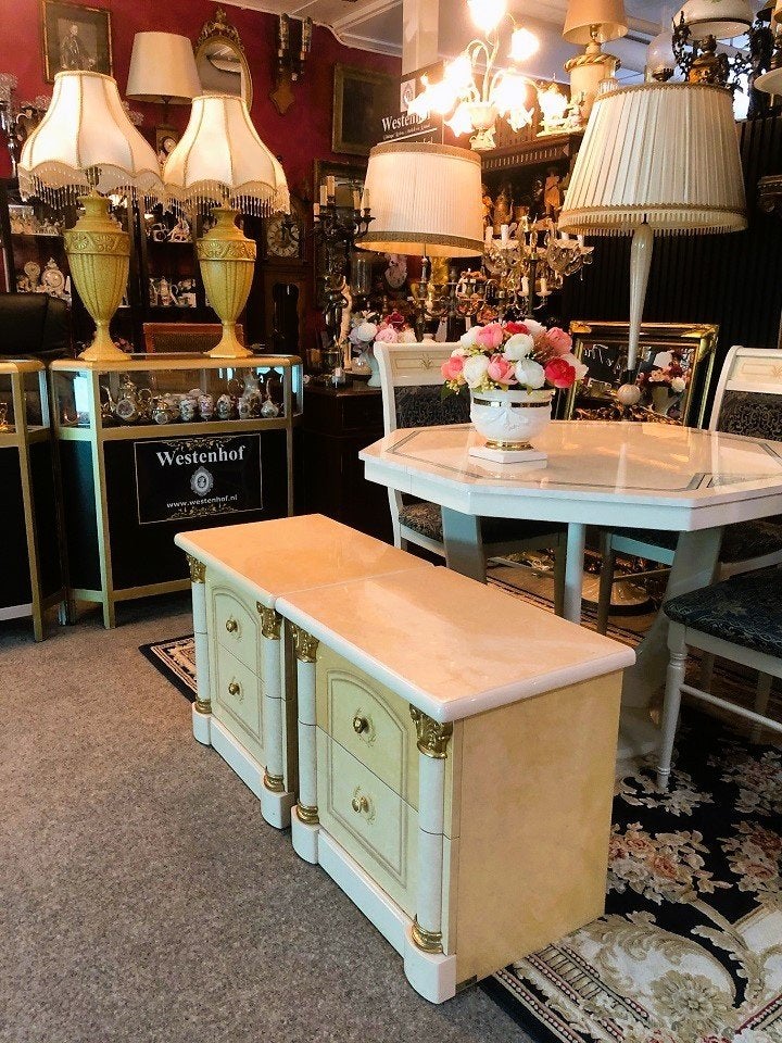 2x Italiaanse klassiek nachtkasten hout gouden barok metaal, Ophalen, Hout, 45 tot 65 cm, 55 tot 70 cm