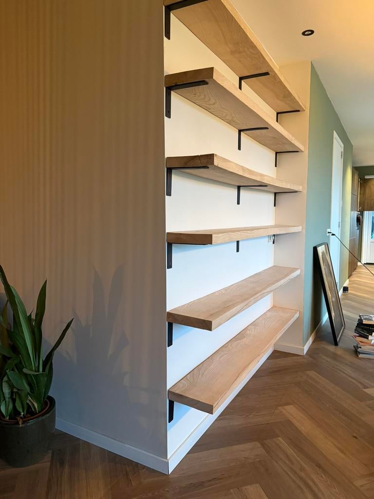 Boekenkast wandplanken iepenhout 5 cm dik, Ophalen, 50 tot 100 cm, Zo goed als nieuw, Metaal