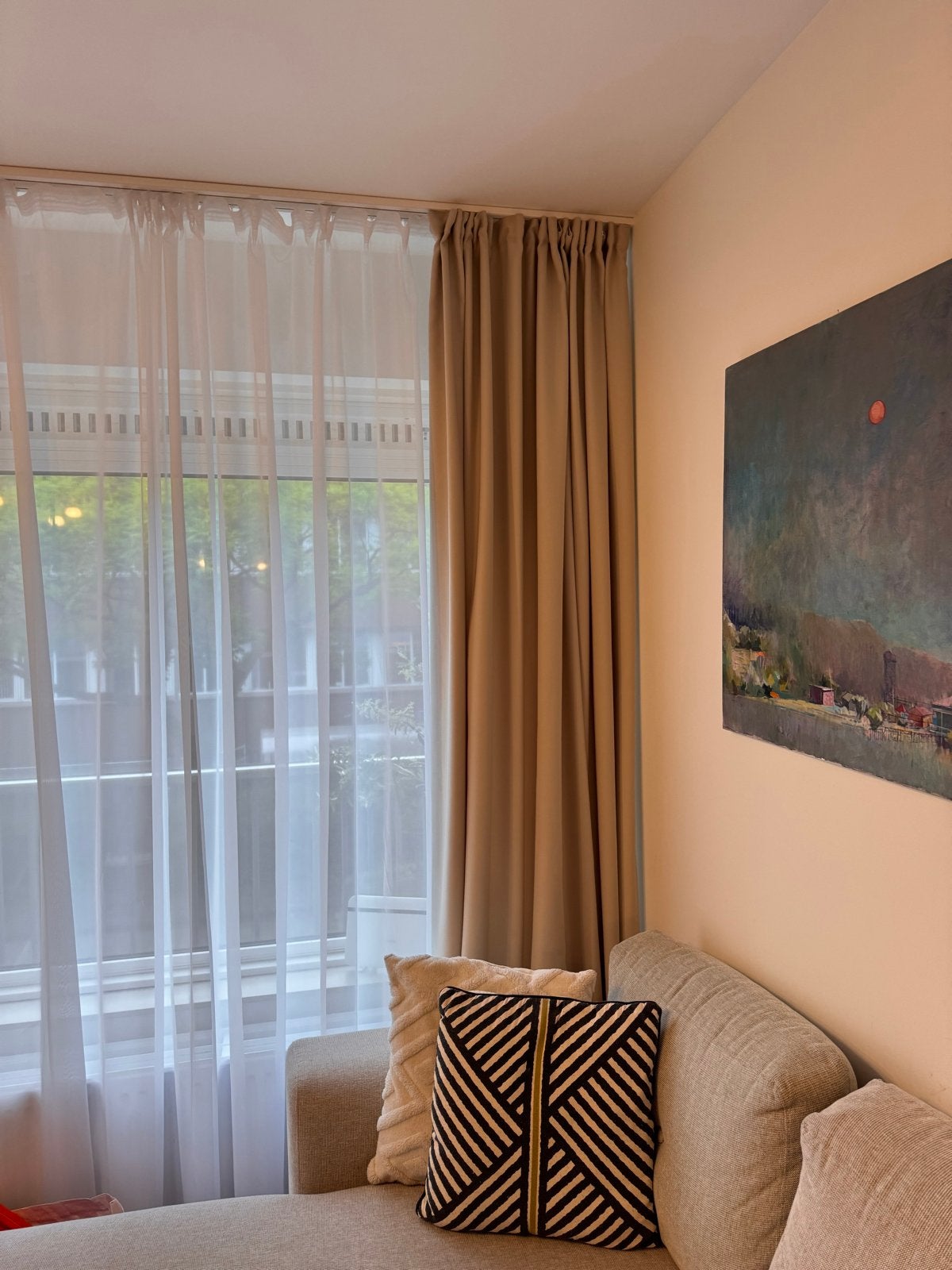 Gordijnen set: verduisterend en vitrage, beige/wit, Huis en Inrichting, Ophalen, 200 cm of meer, Wit, Zo goed als nieuw