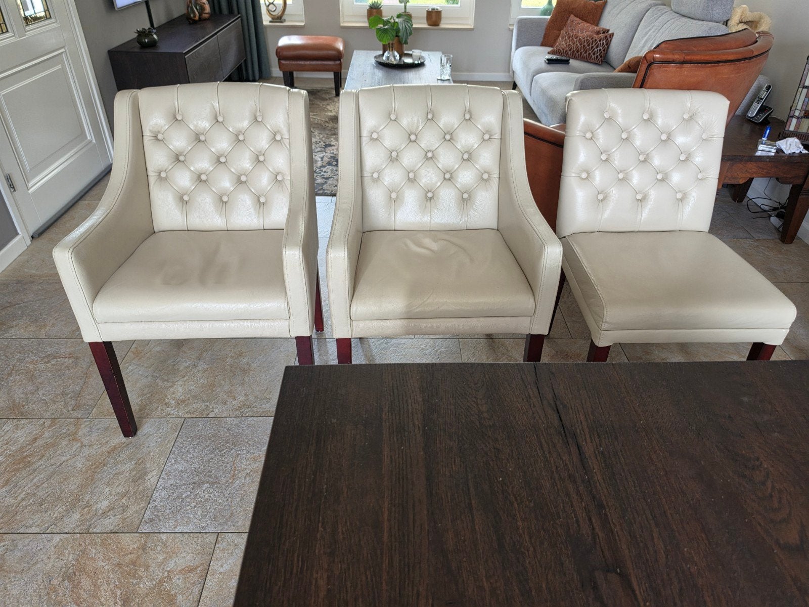 6 Goossens Pearl eetkamerstoelen, Ophalen, Gebruikt, Overige kleuren, Leer