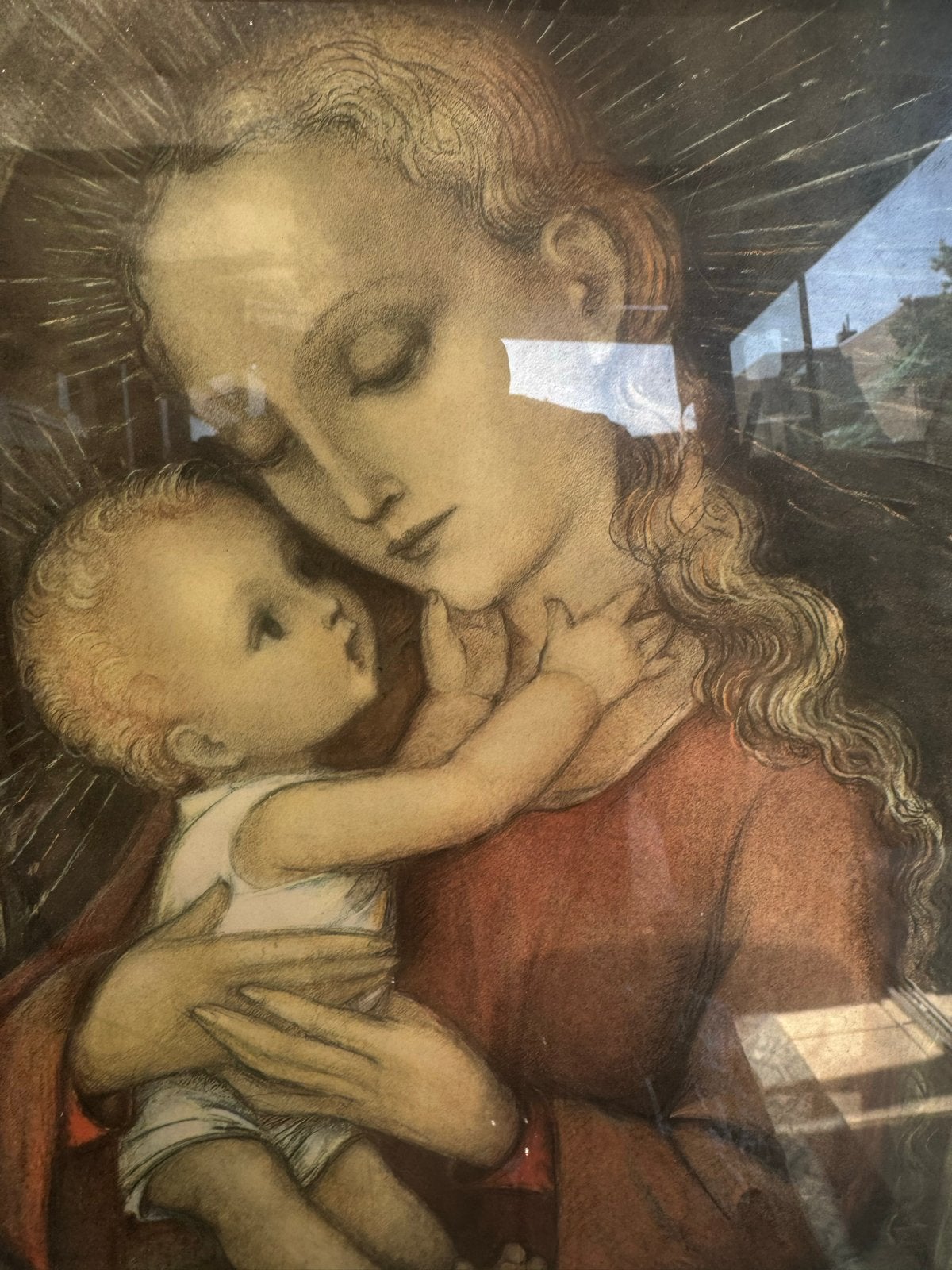 Klassiek schilderij Maria met kind, gesigneerd M.I. Hummel, Achter glas, Portret of Personen, Overige technieken, Ophalen of Verzenden