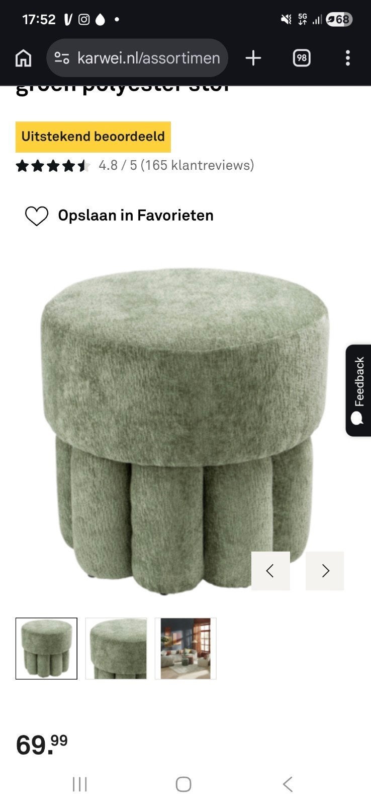 Leuke groen-grijze poef van Karwei, Ophalen, Minder dan 50 cm, Gebruikt, Rond