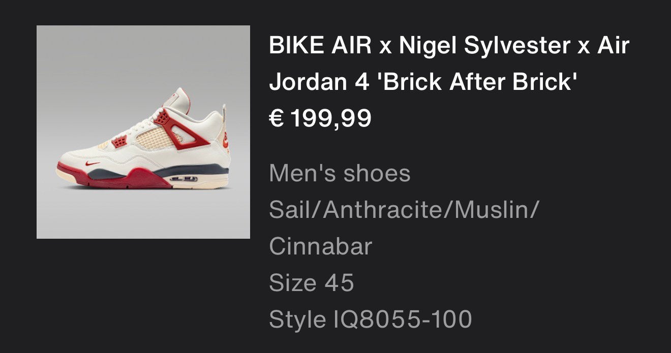 Jordan 4 Retro OG Nigel Sylvester Brick After Brick  45, Ophalen of Verzenden, Nieuw, Overige kleuren