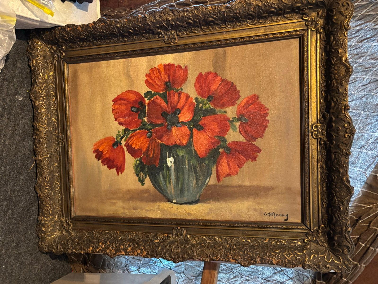 Olieverfschilderij met rode bloemen in vaas, gesigneerd, Doek, Realistisch, Gesigneerd, Olieverf