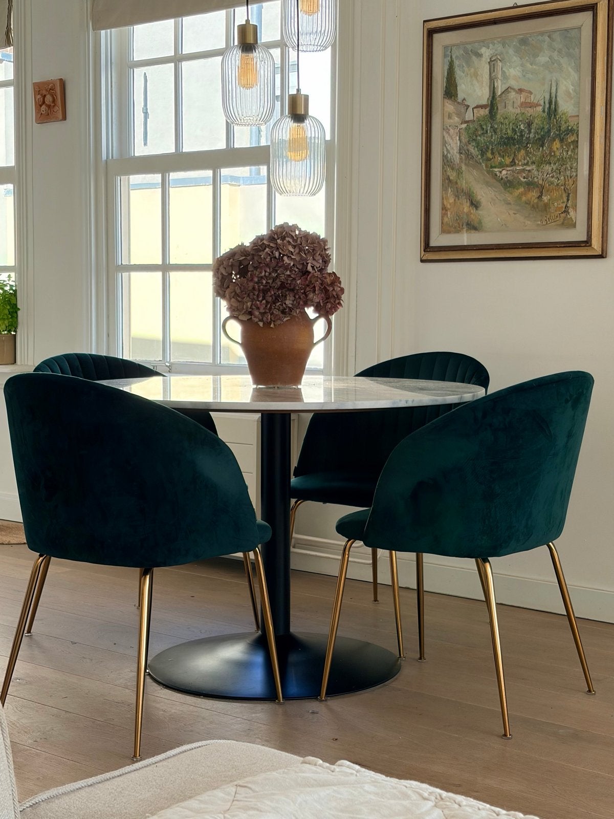 KaveHome Eettafel Stoel. Set van 4. Groen velvet, Huis en Inrichting, Stoelen, Ophalen, Overige kleuren, Zo goed als nieuw, Vier