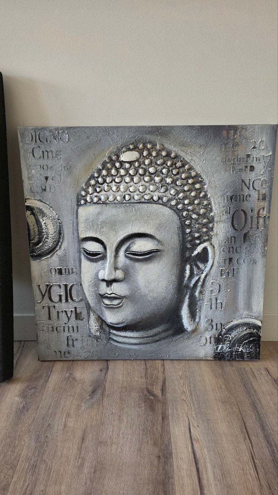 Boeddha schilderij - Grijs/Zilver - 3D effect, Ophalen, Zo goed als nieuw, Schilderij, 75 tot 100 cm