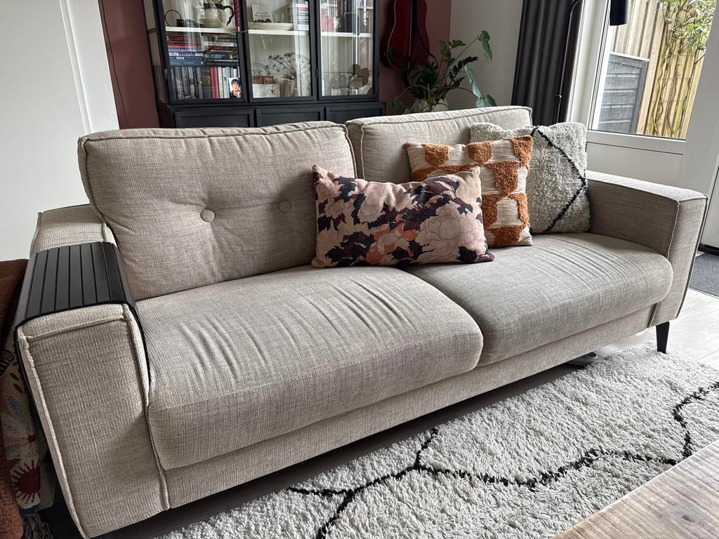 Beige naturel bankstel met hocker en fauteuil, Huis en Inrichting, Banken | Bankstellen, Ophalen, Gebruikt, 150 tot 200 cm, 75 tot 100 cm