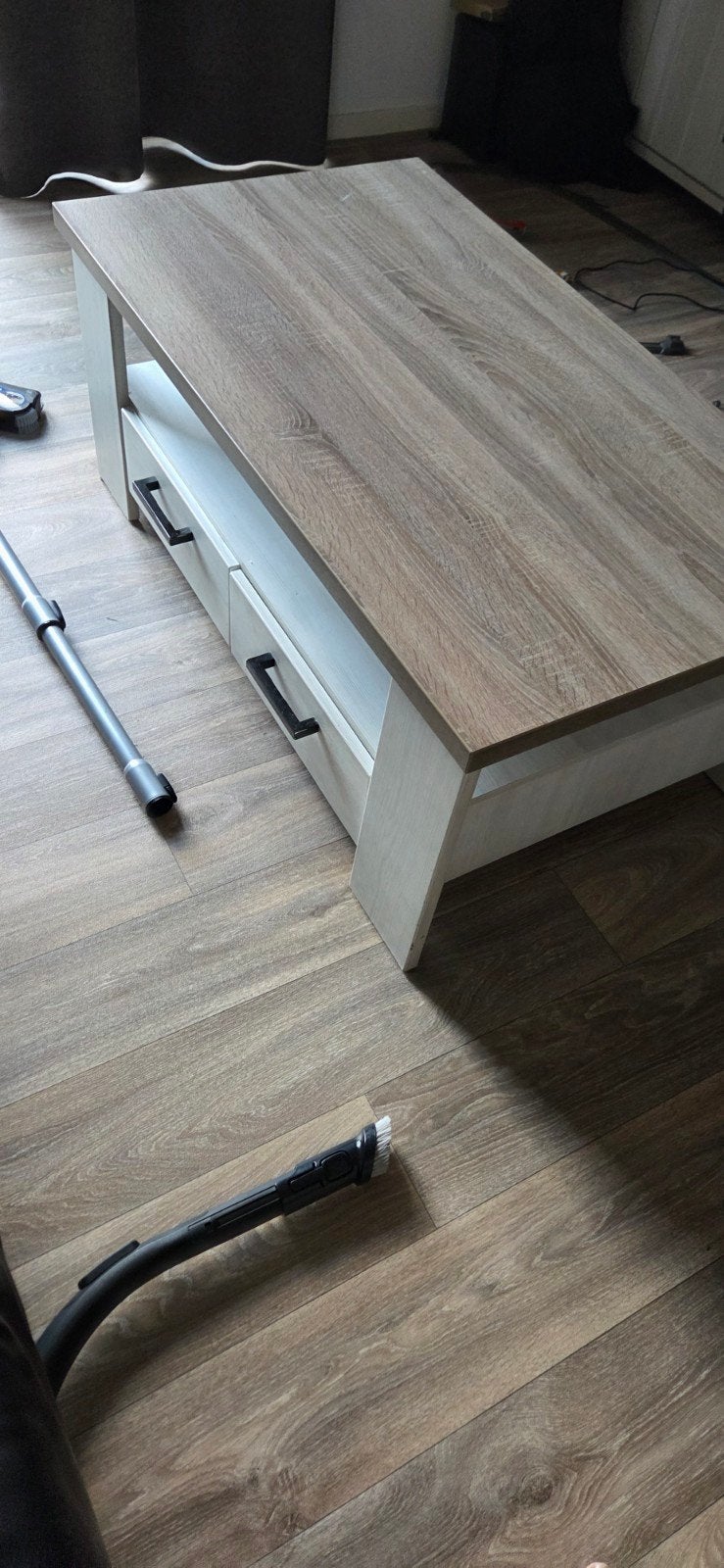 Salontafel met lades - Houtlook en wit, Ophalen, Gebruikt, 100 tot 150 cm, 50 tot 100 cm