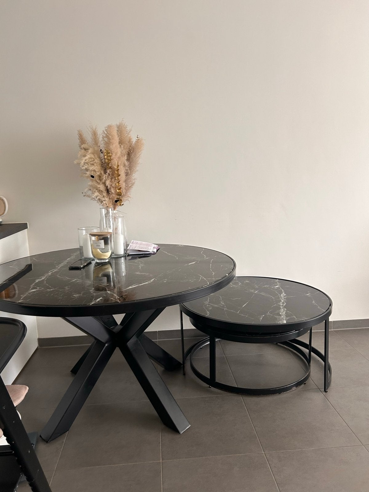 Moderne salon- en eettafel set met marmerlook, Ophalen, Gebruikt, 100 tot 150 cm, Rond