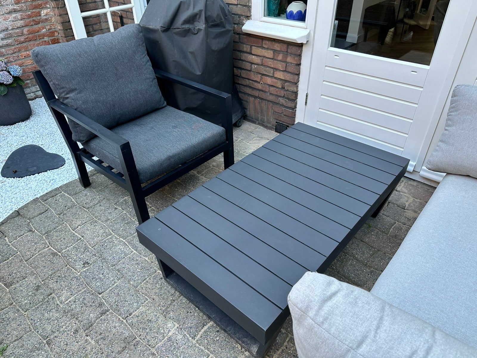 Aluminium antracietkleurige loungetafel / salontafel, Ophalen, Zo goed als nieuw, Rechthoekig, Aluminium