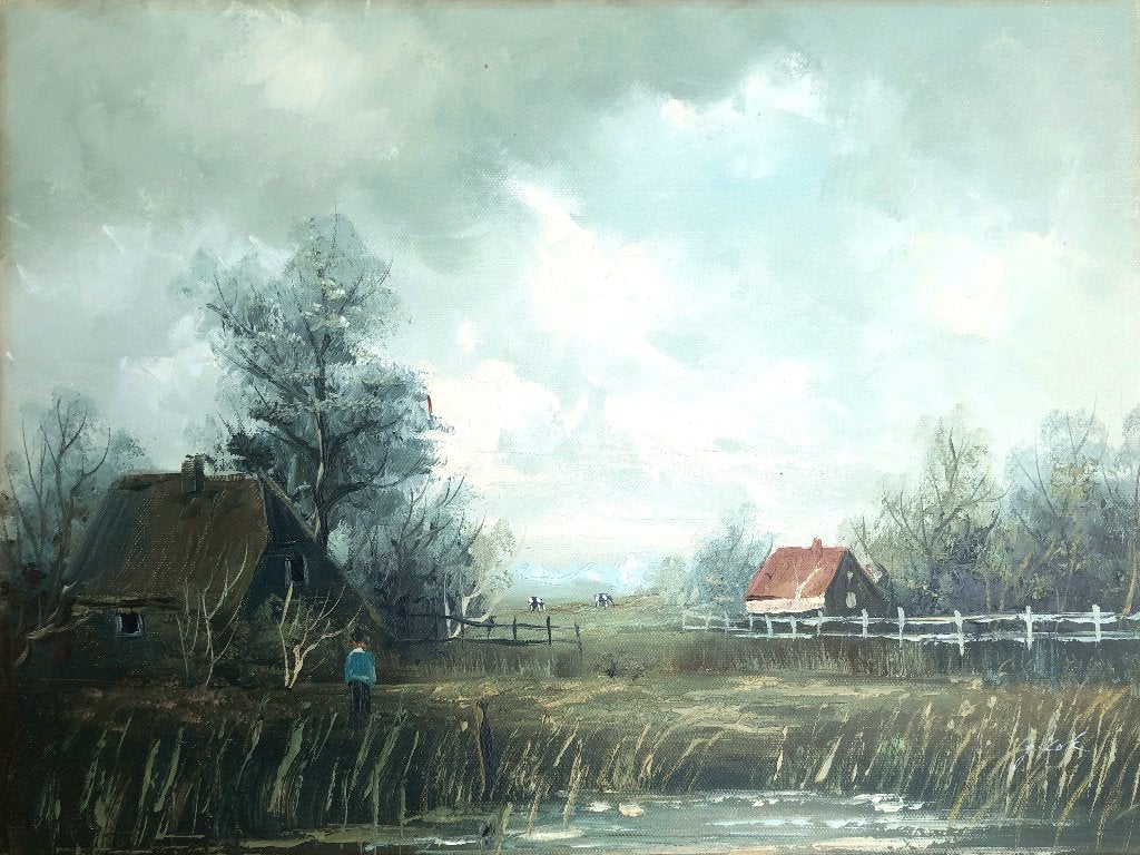J.Kok Schilderij 'Polderlandschap met boerderij aan water', Antiek en Kunst, Ophalen of Verzenden