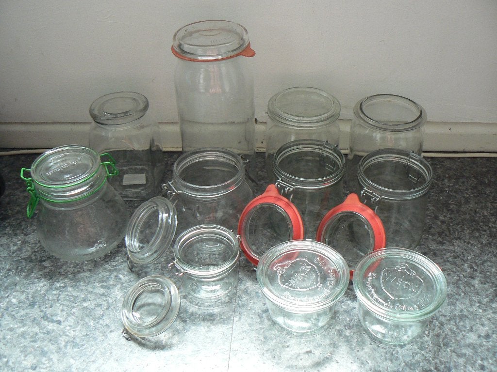 11 glazen weckpotten, Ophalen, Gietijzer, Koekenpan of Braadpan