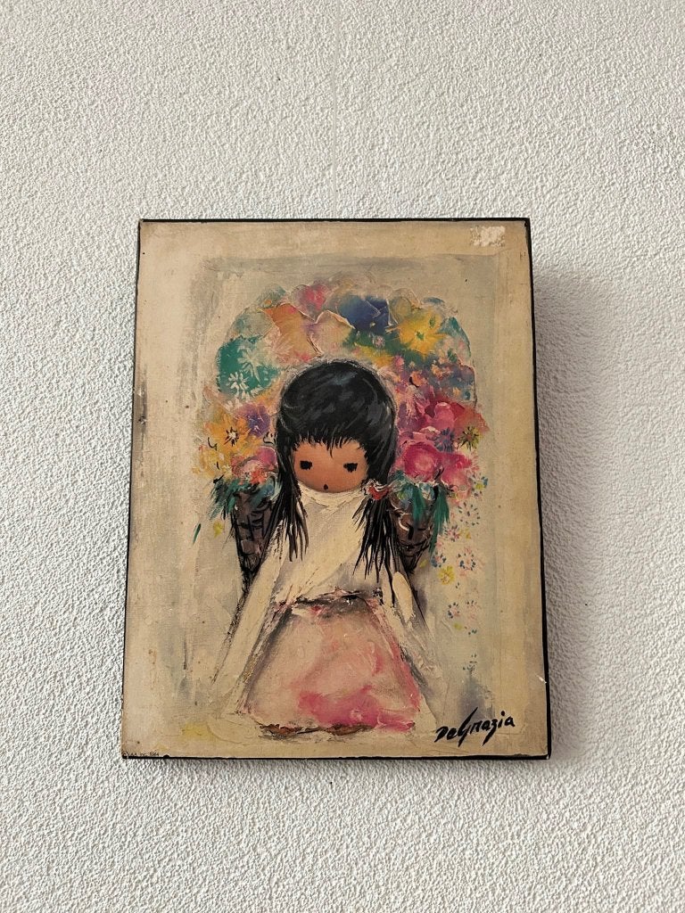 Vintage houten wandpaneel Flower Girl door Ted DeGrazia, Antiek en Kunst, Ophalen of Verzenden
