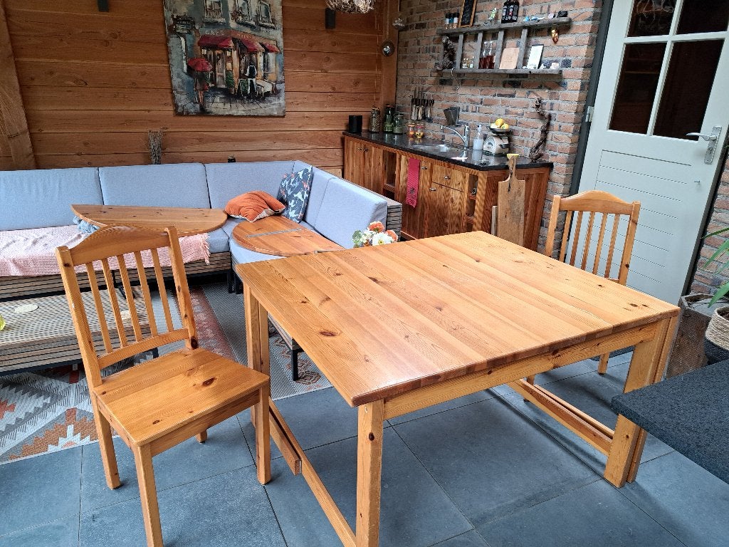 Grenen uitklapbare tafel, Ophalen, Gebruikt, 100 tot 150 cm, 50 tot 100 cm