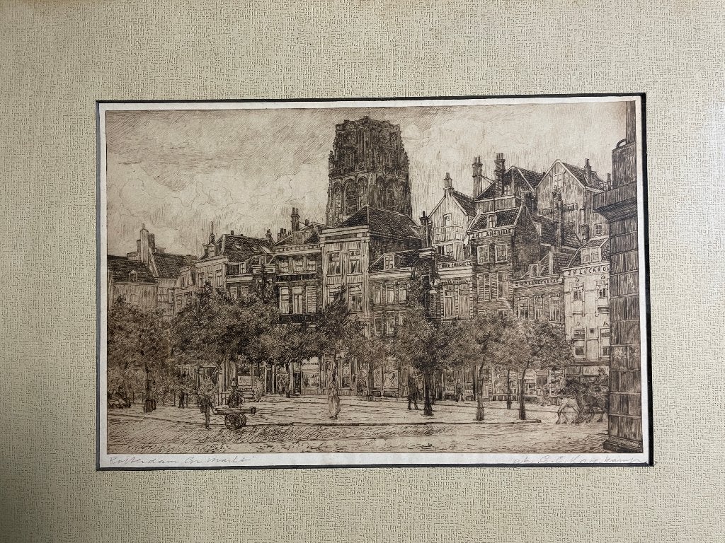 Rotterdam, Markt - ets van G.C. Haverkamp (1872-1926), Ingelijst, Ets, Stadsgezicht, 19 cm