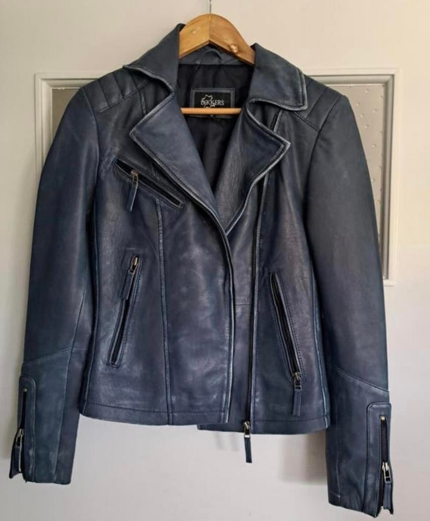 Jeansblauw leren jasje, Ophalen of Verzenden, Zo goed als nieuw, Maat 36 (S), Blauw