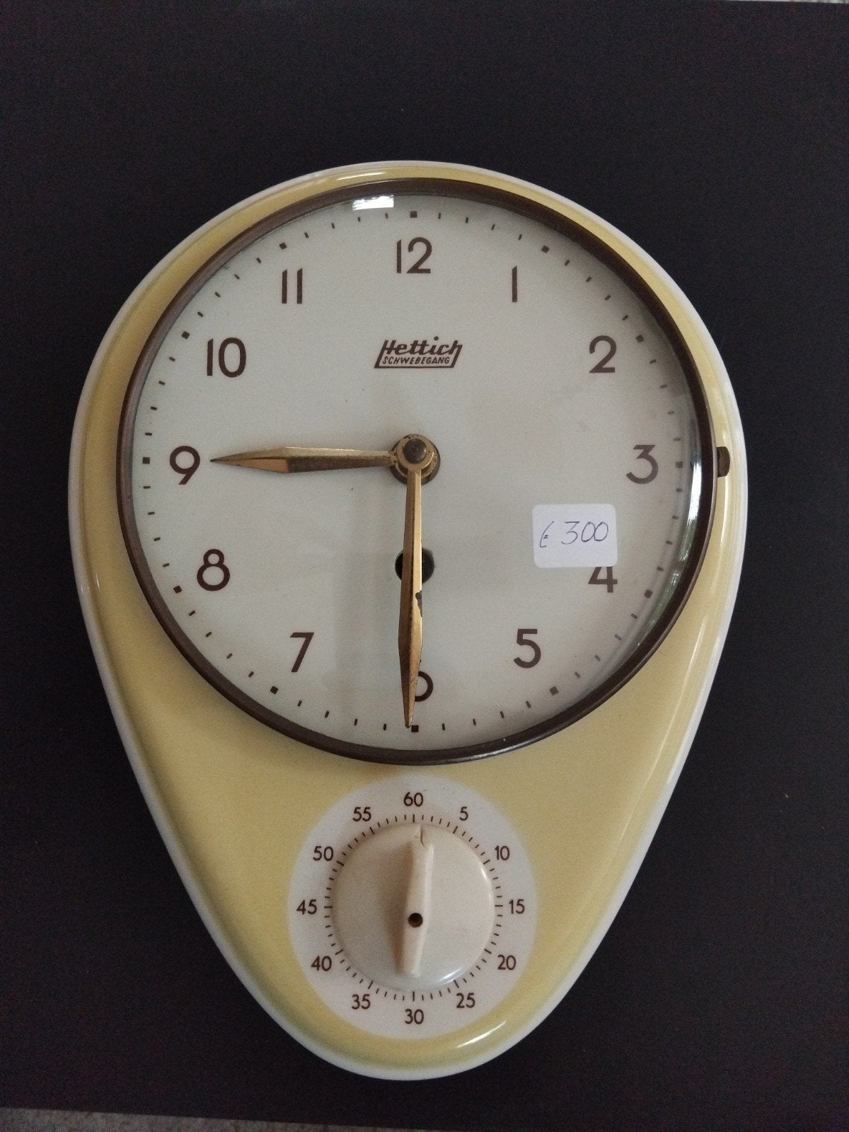 Vintage hettich schwebegang wandklok en kookwekker met opdra, Ophalen of Verzenden