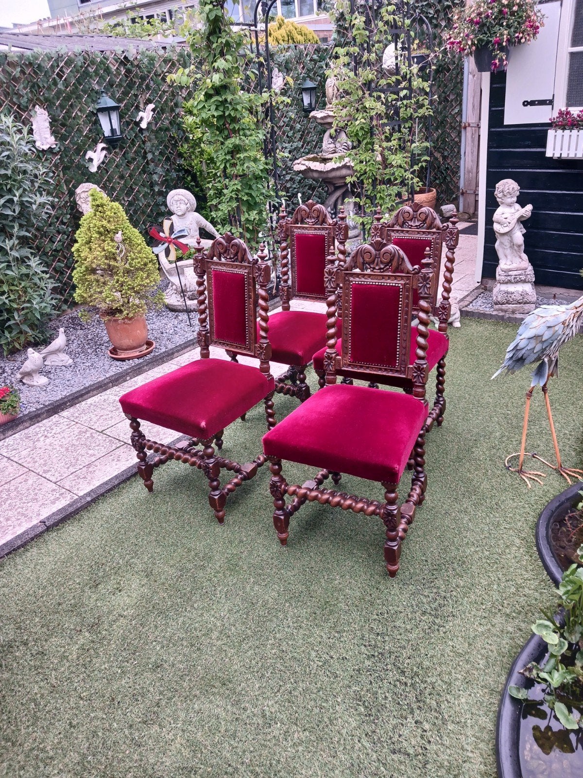 Set van 4 jachtstoelen met rood fluweel, Ophalen of Verzenden