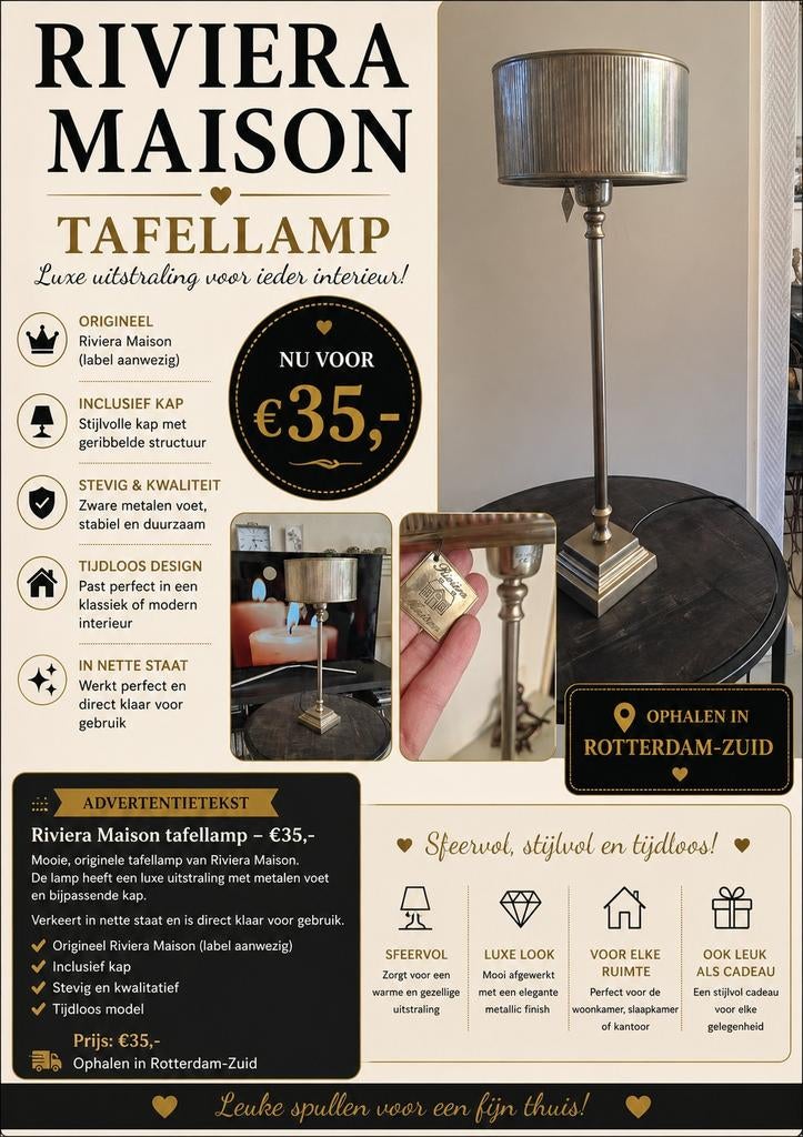 Riviera Maison Tafellamp - Luxe en Tijdloos Design, Ophalen, Zo goed als nieuw, Minder dan 50 cm