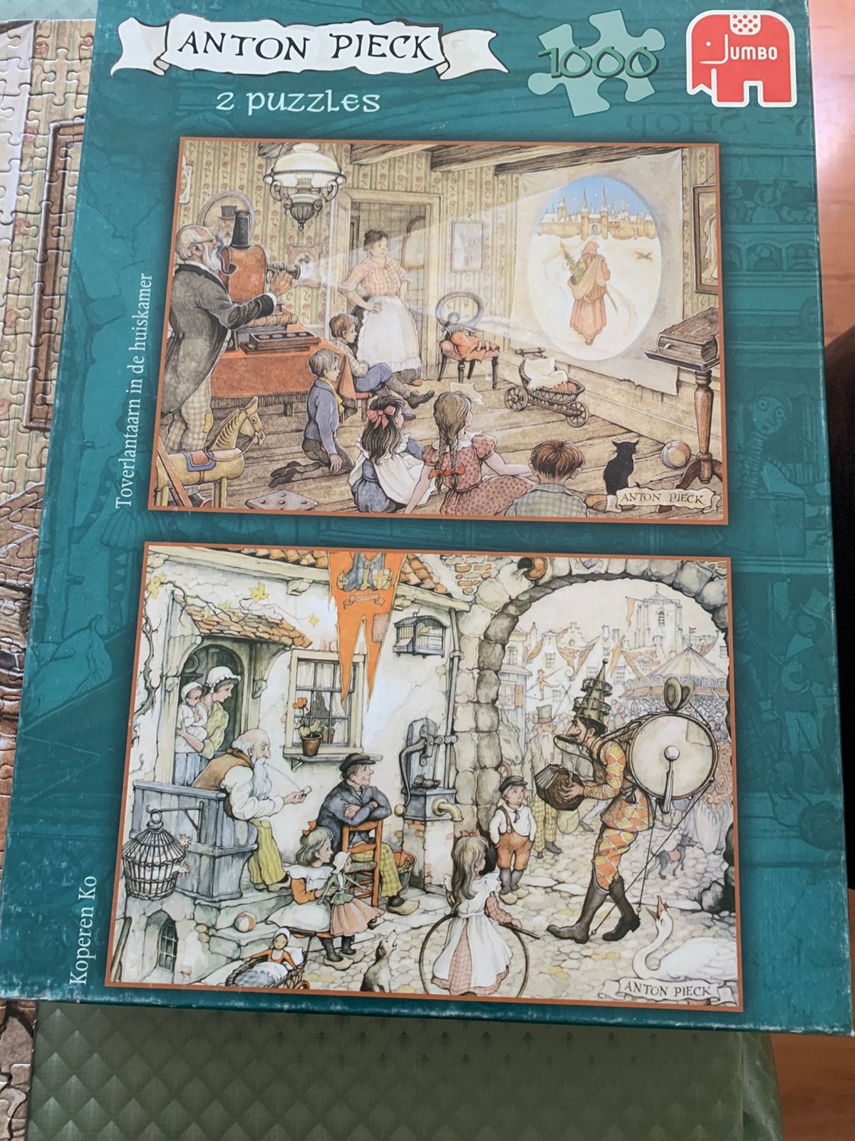 Anton Pieck puzzel 2x1000 stukjes: Koperen Ko+Thuisbioscoop, Ophalen of Verzenden, Minder dan 500 stukjes, Zo goed als nieuw