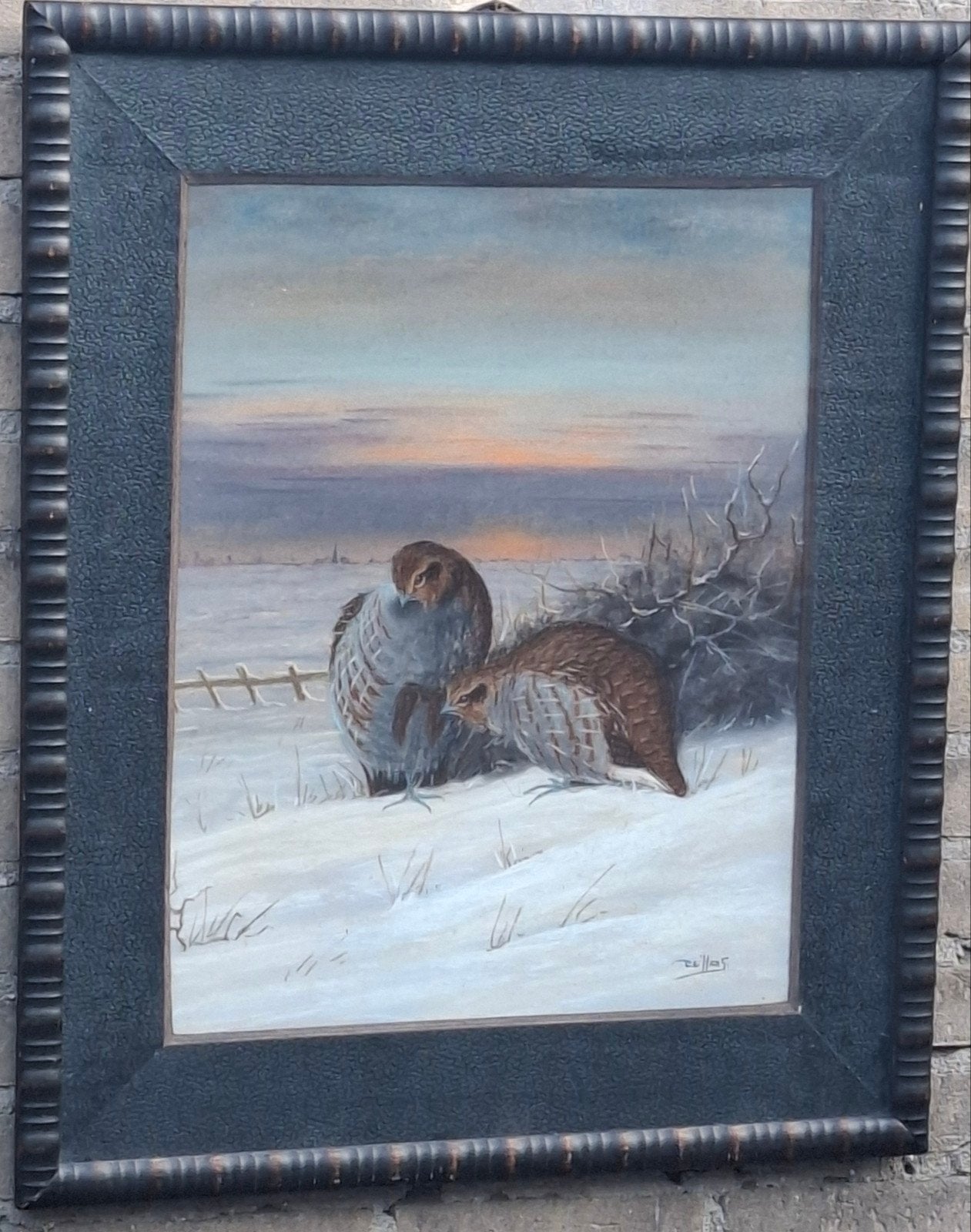 de Haas, Patrijzen in de sneeuw. Pastel. Ca 1900.  59/69 cm., Ophalen, Realistisch, Bijzondere lijst, Dieren