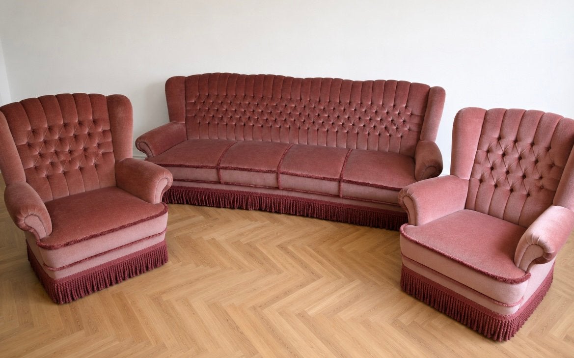 Vintage Roze bank fauteuils mohair velours franjes barok TOP, Ophalen of Verzenden, Zo goed als nieuw