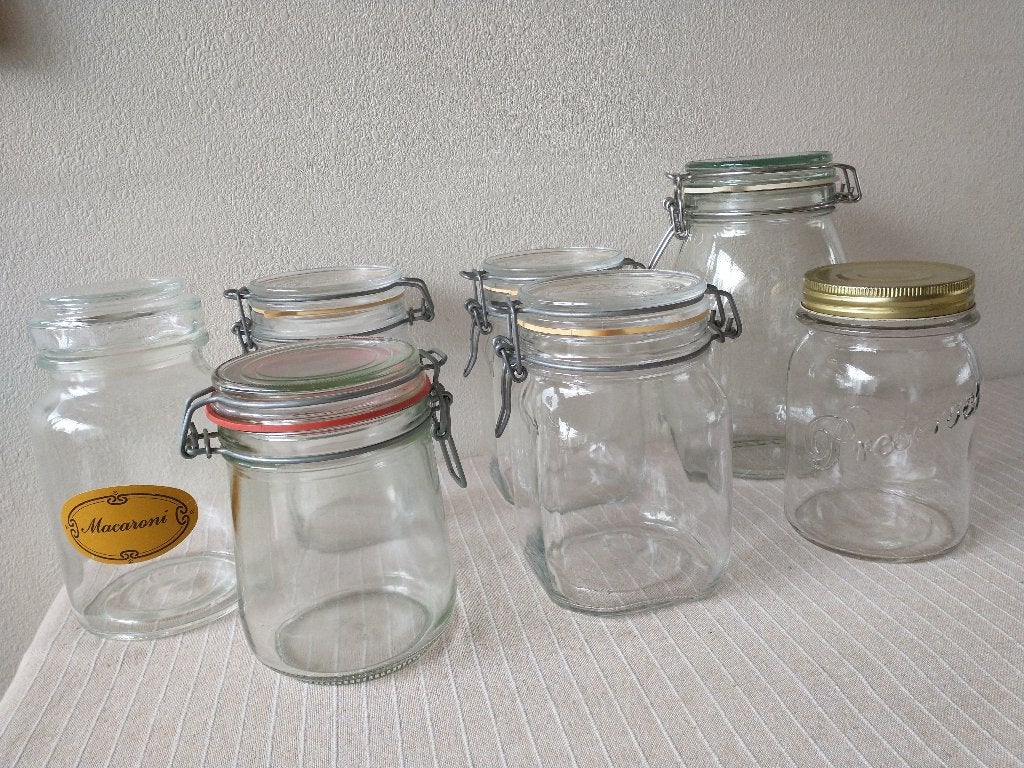 7 Helder glazen Voorraadpotten, inmaakpotten, weckpotten, Voorraadpot, Ophalen of Verzenden, Gebruikt, Glas