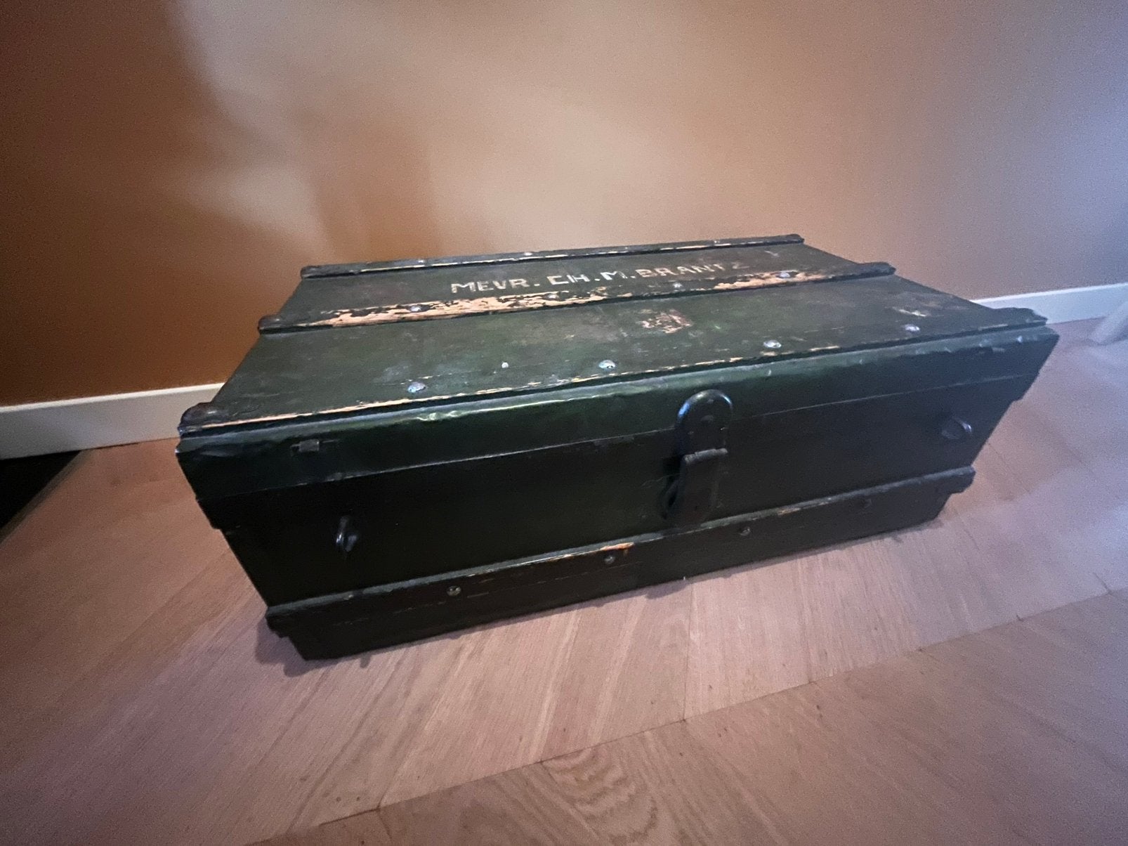 Hutkoffer kist antiek vintage groen, Ophalen, Minder dan 50 cm, Gebruikt, 50 tot 100 cm