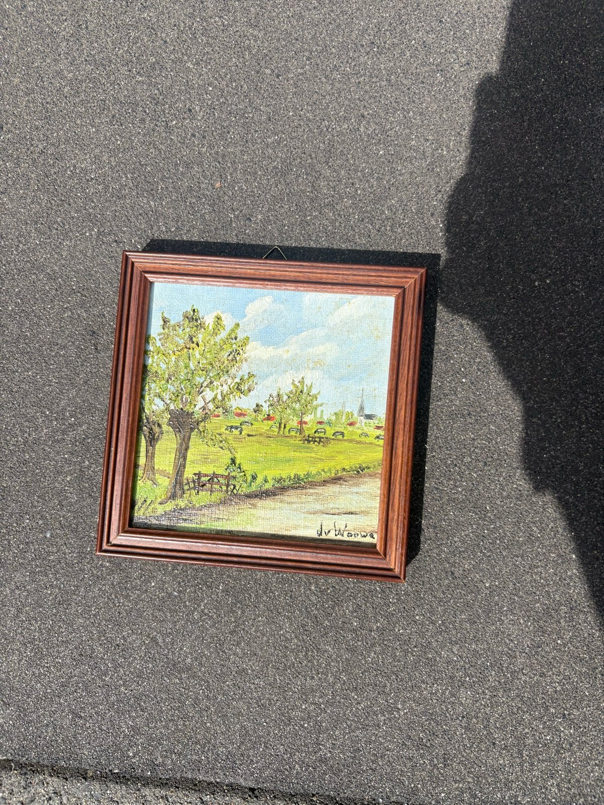 Landschapsschilderijtje  gesigneerd J v Wouwe, Antiek en Kunst, Kunst | Schilderijen | Klassiek, Doek, Realistisch, Ophalen of Verzenden