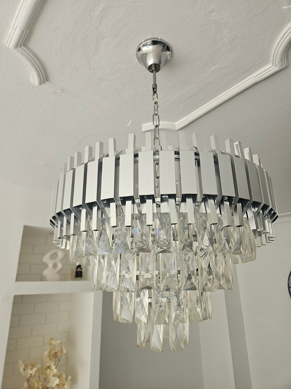 Moderne Salon Lamp met Kristallen - Chique Plafondlamp, Ophalen, Zo goed als nieuw, Glas, Modern, Luxe, Glamour