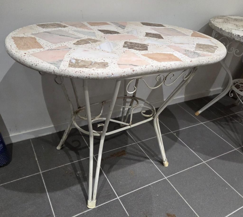 Vintage tuintafel met natuurstenen in blad gegoten ovaal, Ophalen, Overige materialen, Onbekend, Onbekend