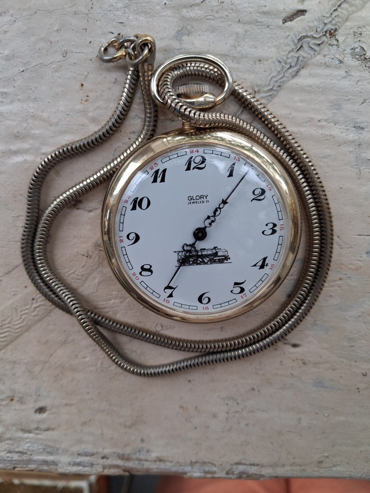 zakhorloge met trein er op , Glory, Antiek en Kunst, Ophalen of Verzenden