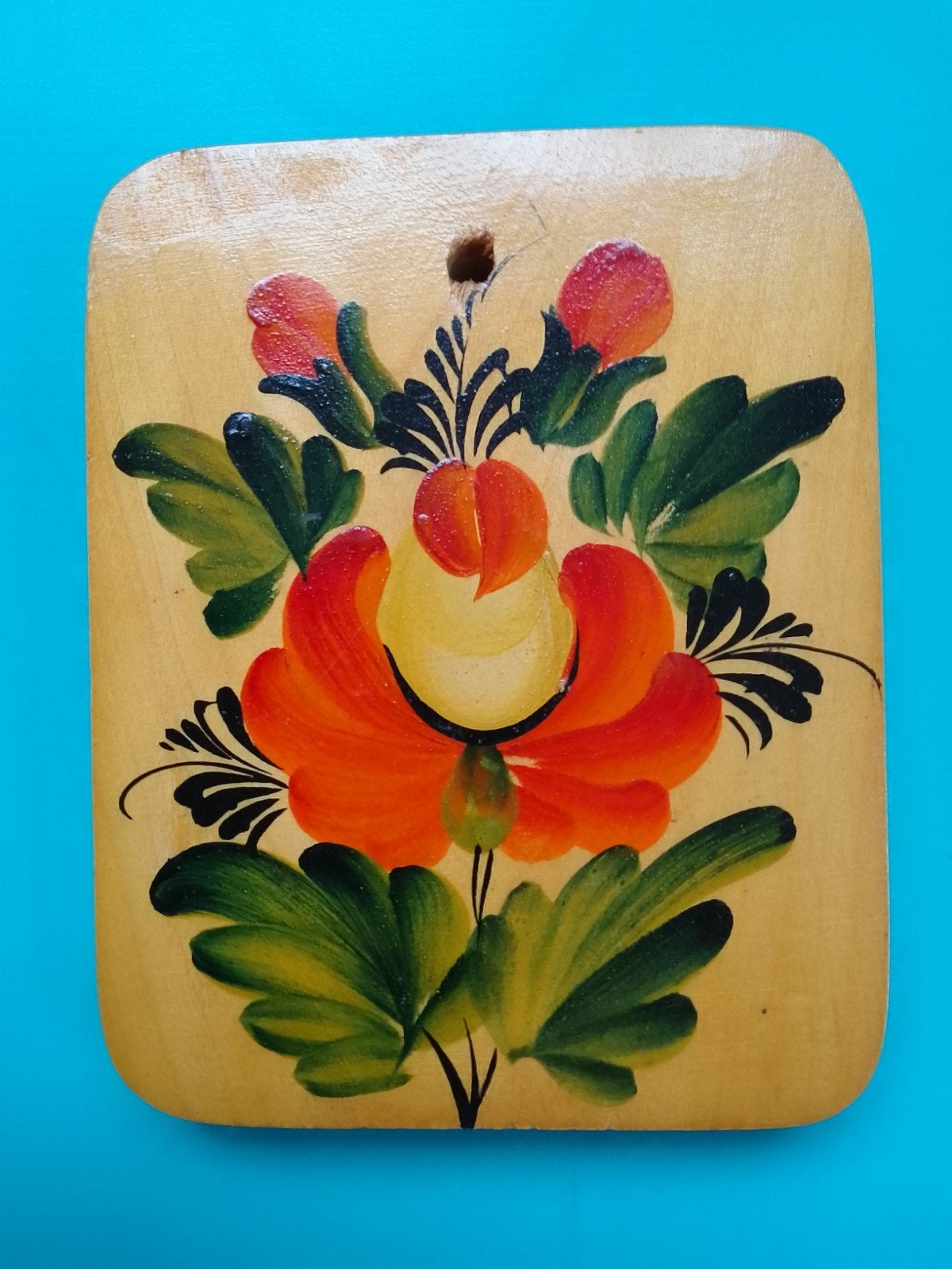 Houten plankje, bloemmotief, volkskunst, handgeschilderd, Ophalen of Verzenden