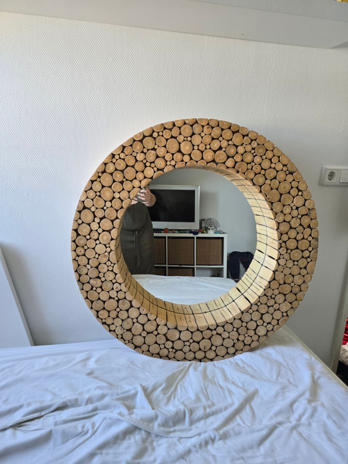 PTMD Spiegel met houten lijst 90 cm - Rond design, Huis en Inrichting, Ophalen, Gebruikt, Rond, 100 tot 125 cm
