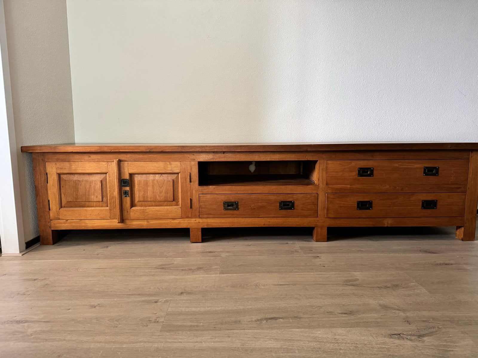 Massief Teakhouten TV-meubel met Opbergruimte, Ophalen, Gebruikt, Teakhout, 200 cm of meer