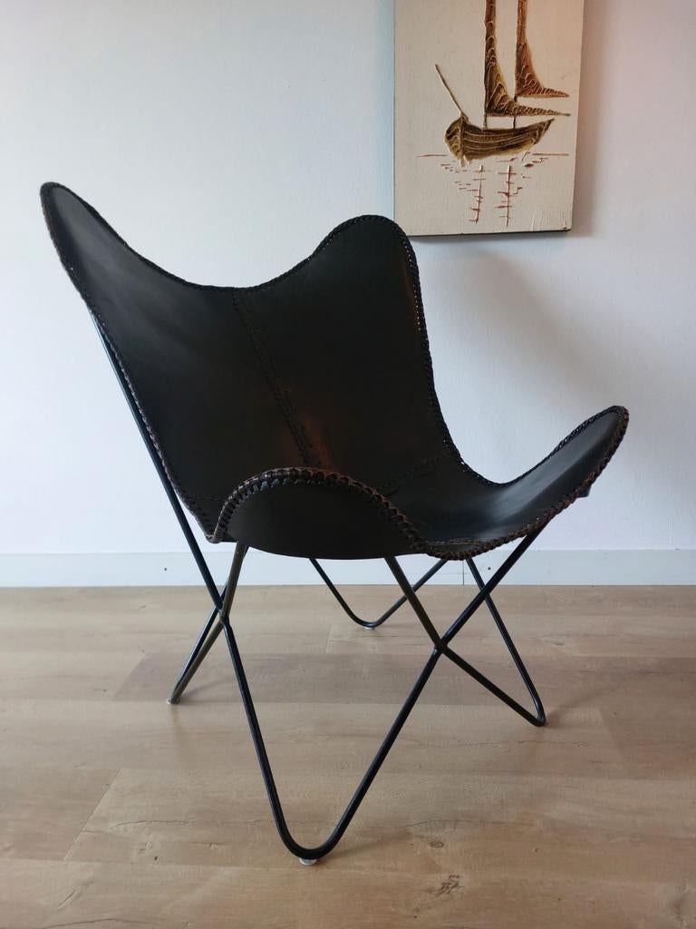 Vintage vlinderstoel zwart leer, Huis en Inrichting, Stoelen, Ophalen, Zwart, Leer, Twee