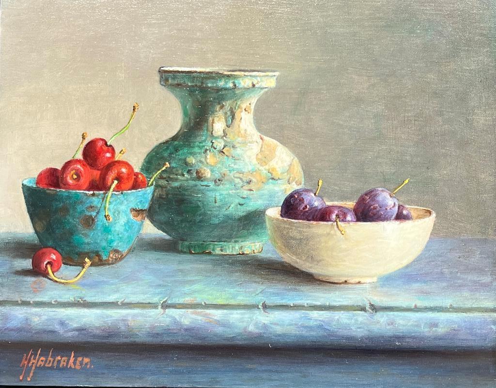 Schilderij kersen en pruimen in een schaaltje., Ophalen of Verzenden