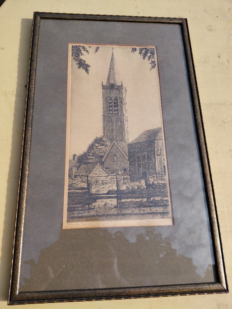 Ets Wijkertoren Beverwijk 1931 Johan M. Bennink., Antiek en Kunst, Ets, Stadsgezicht, Origineel, 65 cm
