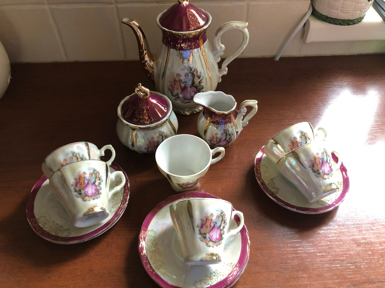 Vintage Japans theeservies met romantische decoratie, Ophalen of Verzenden