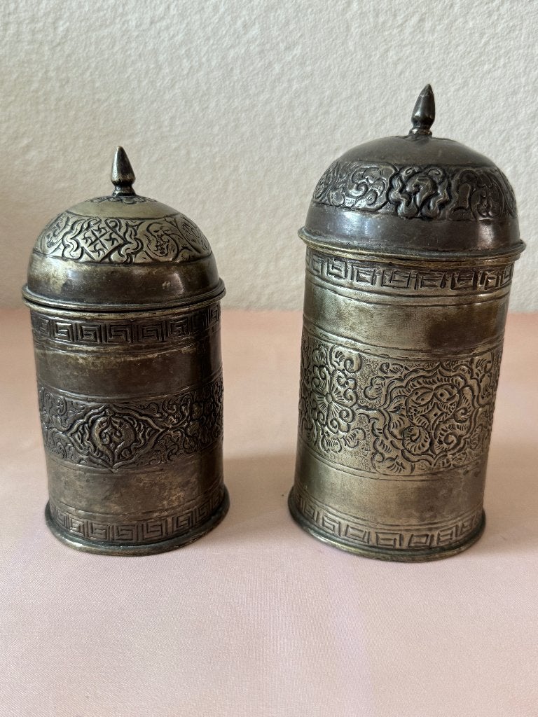 Vintage oosterse koperen doosjes met deksel 2 stuks, Zilver, Afrika, Handgemaakt, Doos