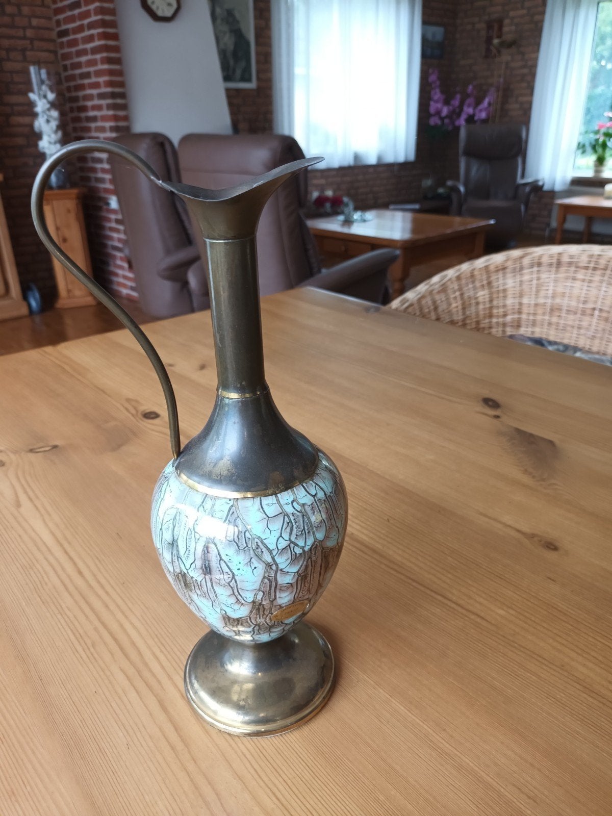Vintage messing vaas met emaille decoratie, Ophalen