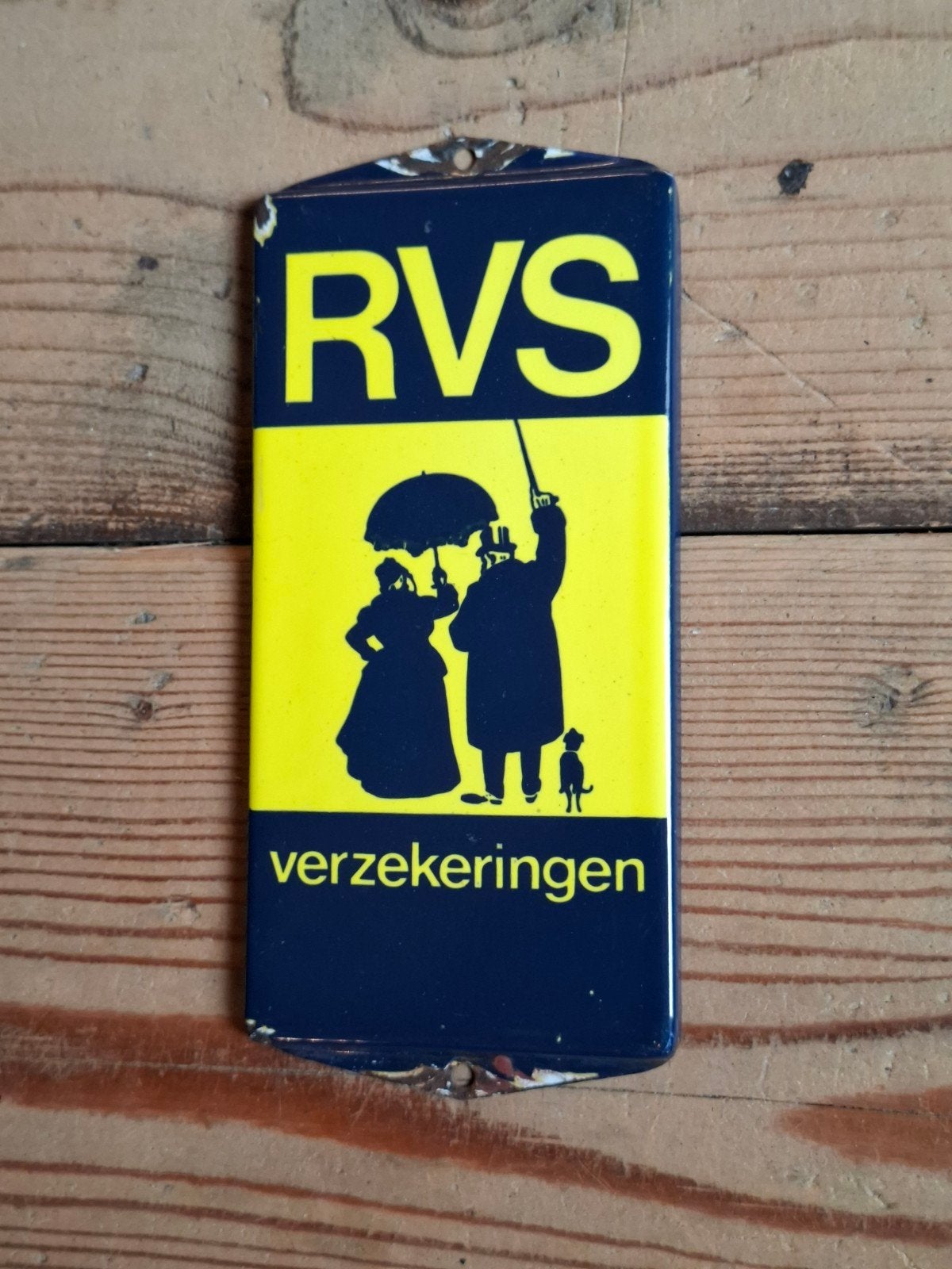 Emaille reclame bordje RVS Verzekeringen, deurpostje Horeca, Verzamelen, Ophalen of Verzenden, Gebruikt, Reclamebord