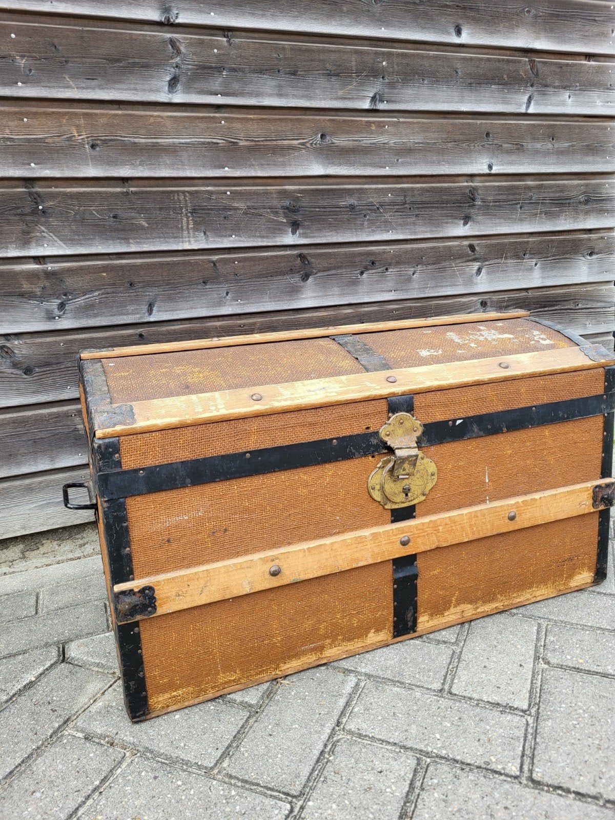 Antieke Houten Reiskoffer/Opbergkist/speelgoedkist, 50 – 75, Gebruikt, 100 tot 150 cm, 75 tot 100 cm