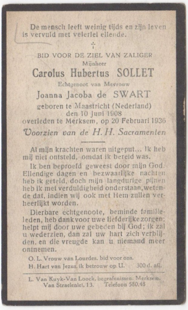 Carolus H. Sollet 1908 Maastricht + 1936 Merksem (B), 27 jr, Ophalen of Verzenden
