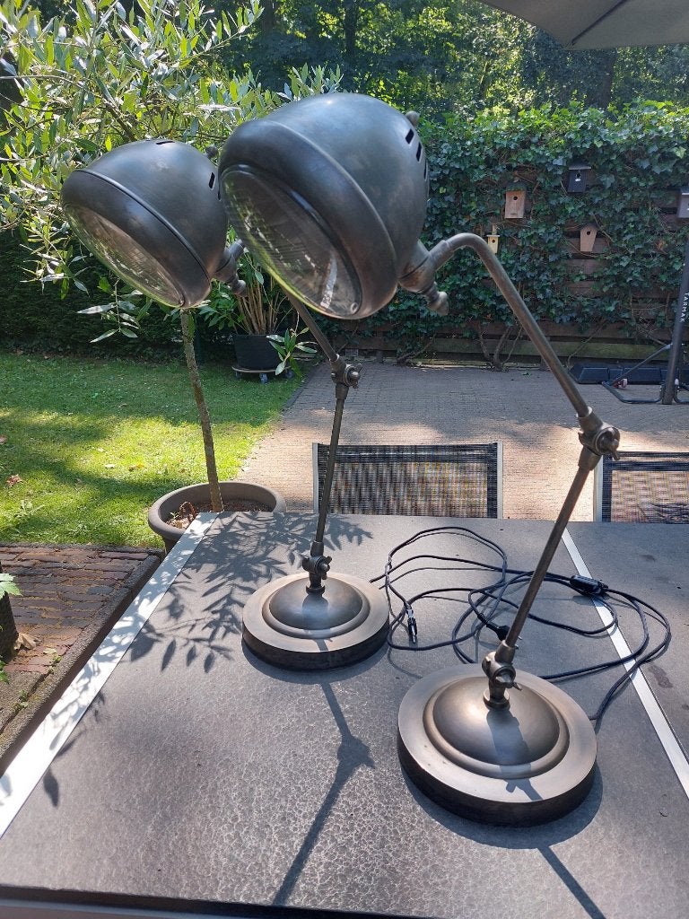 2 industriële tafellampen / bureaulampen VW Kever koplamp, Bureaulamp, Vintage, E27 (groot), Glas